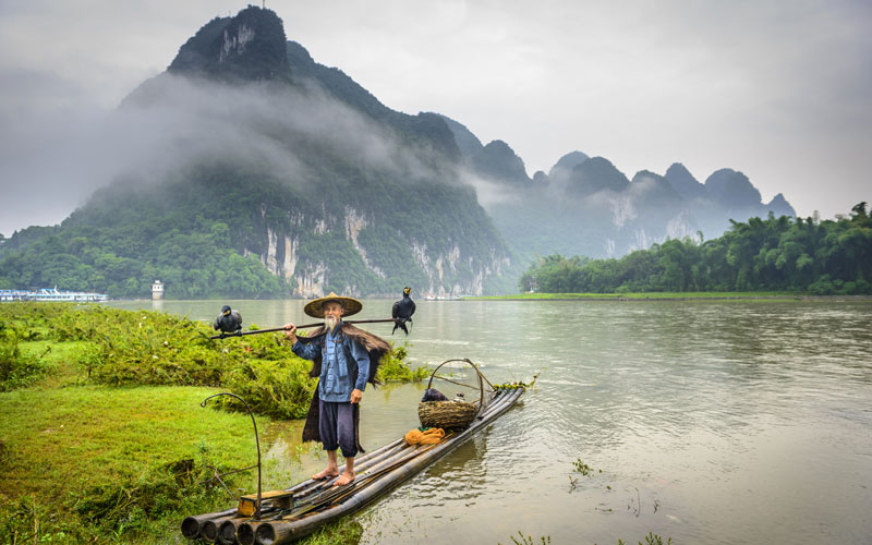 Pescadores y cormoranes en río li