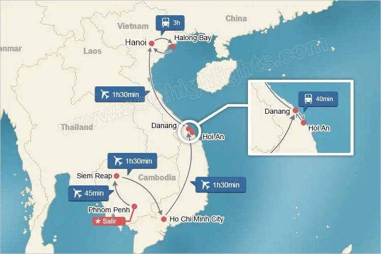 Mapa de tour de 15 días por Tailandia, Vietnam y Camboya