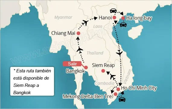 Mapa de tour de 15 días por Tailandia, Vietnam y Camboya