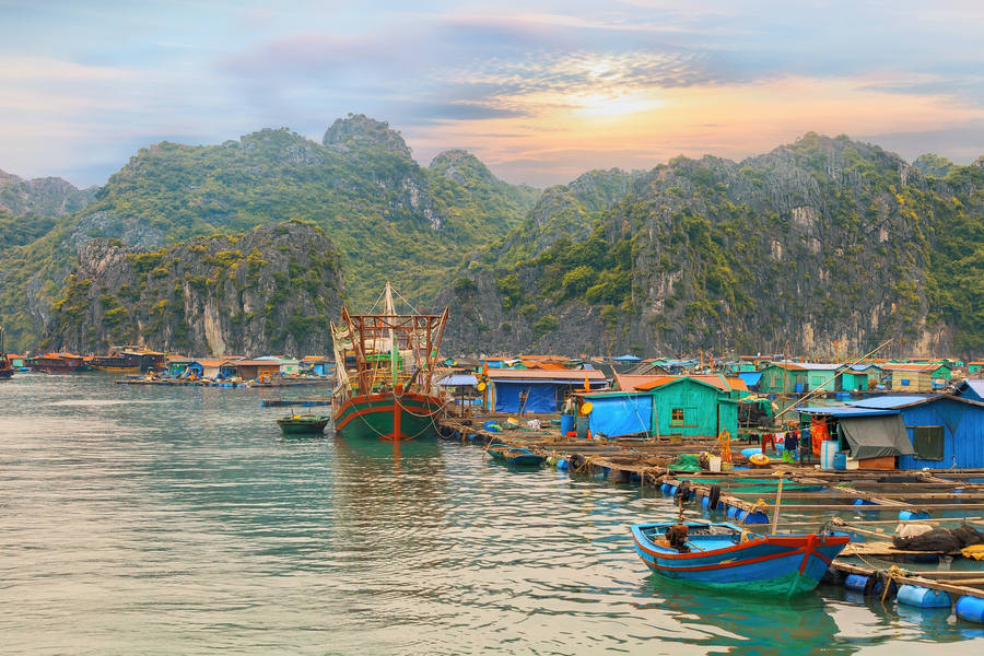 Pueblo pesquero en la bahía de Ha Long