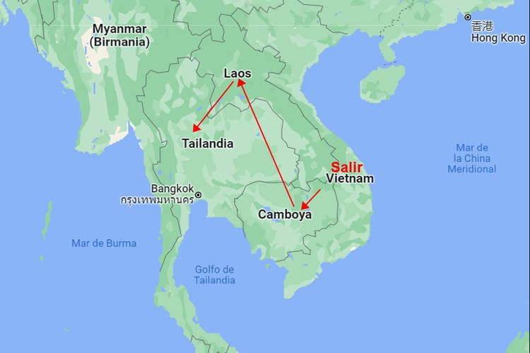 mapa de viaje a Vietnam, Camboya, Laos, Tailandia