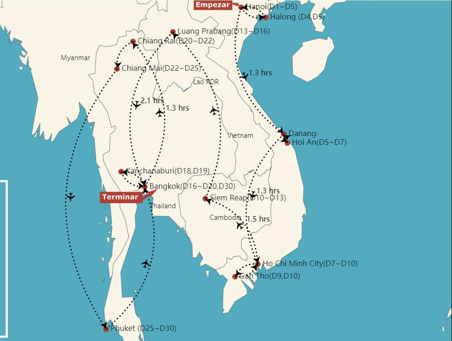 Mapa de 30 días por Vietnam , Camboya, Laos y Tailandia