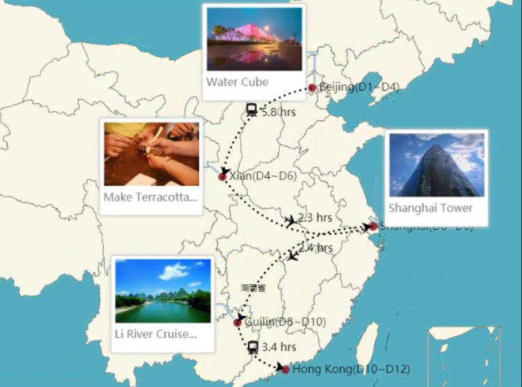 Mapa de la Ruta Beijing, Xian, Shanghai, Guilin, Hong Kong