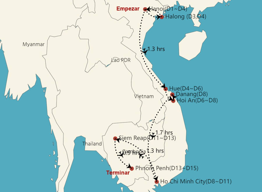 Mapa de viaje Vietnam y Camboya 15 días