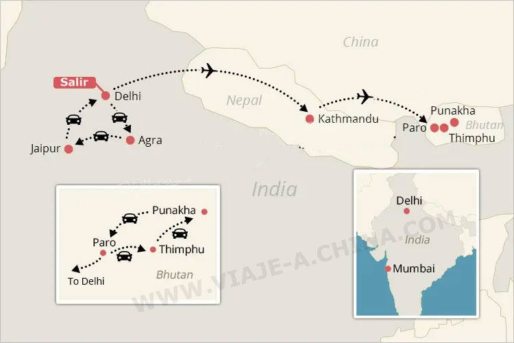 Mapa del viaje de 14 días por India, Nepal y Bután