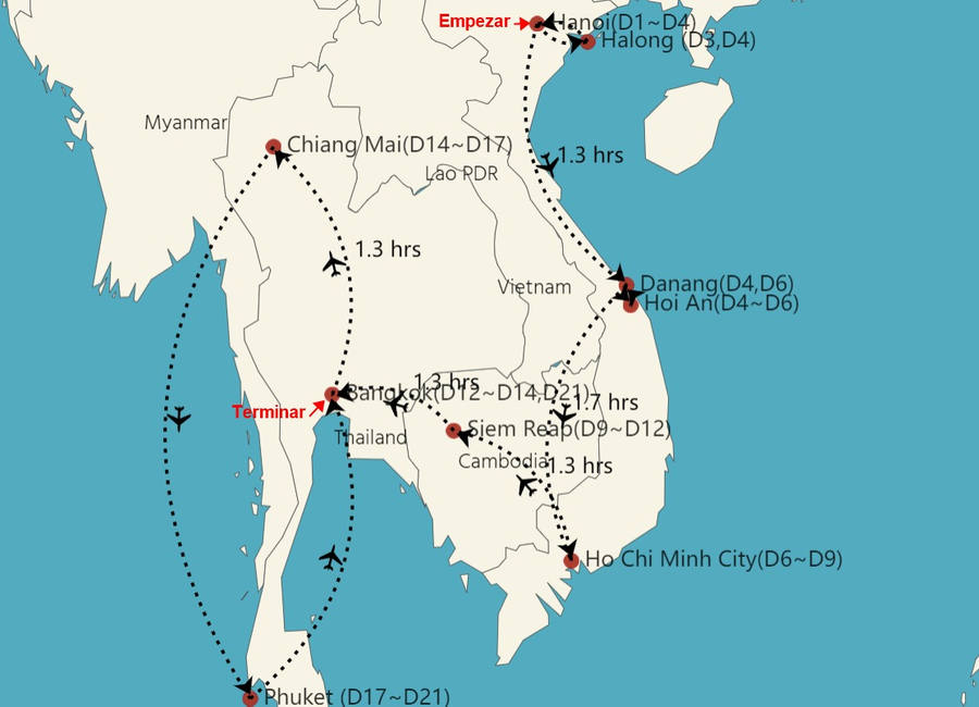 mapa de tailandia, camboya y vietnam 21 dias
