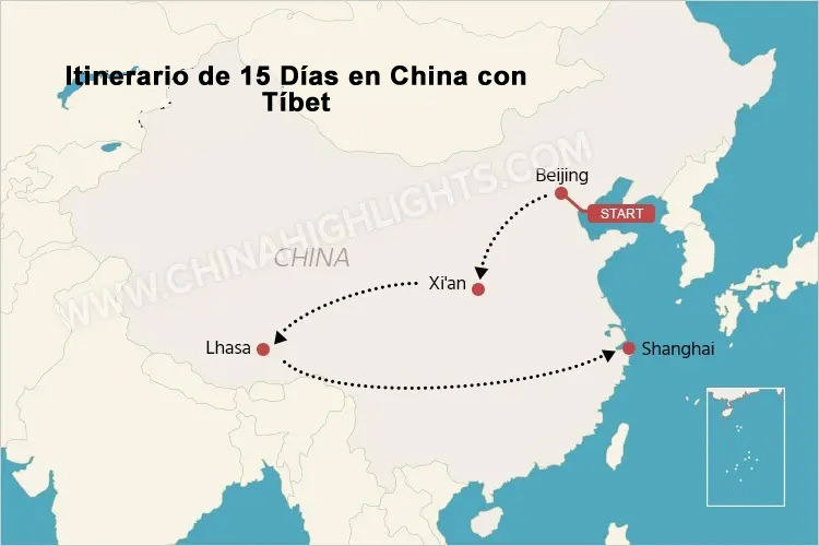 mapa de 15 días en China con Tibet