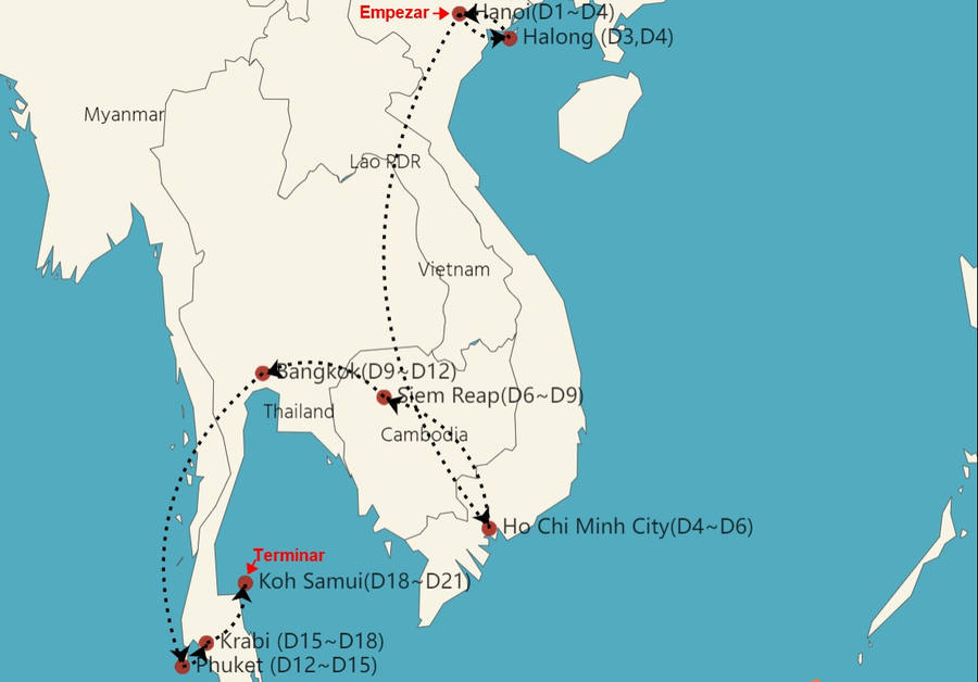 Mapa de Tailandia, Camboya y Vietnam 21 días con salto de isla en isla