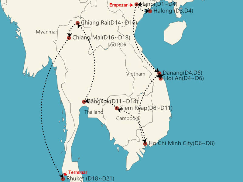 Mapa de Tailandia, Camboya y Vietnam 21 días para amante de historia & cultura