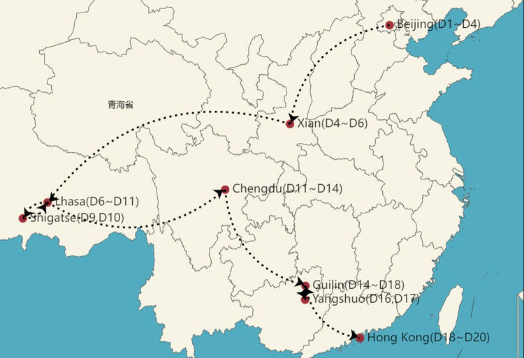 Mapa del itinerario de 20 dias en China con Tibet
