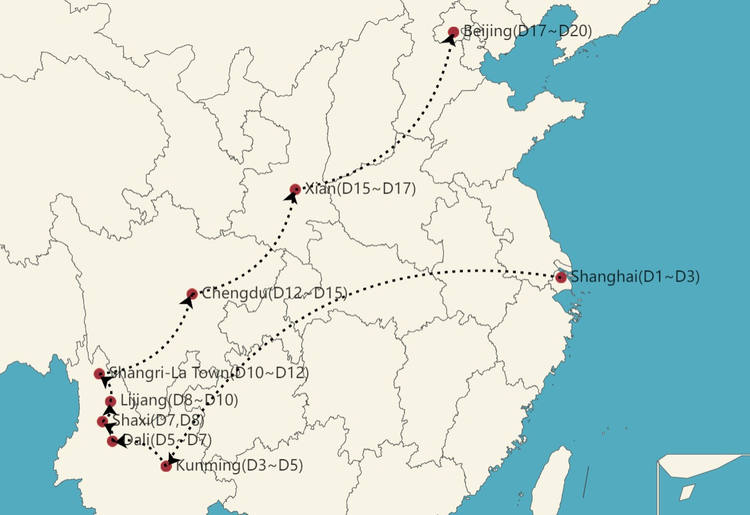 Mapa del itinerario de 20 dias en China con Yunnan