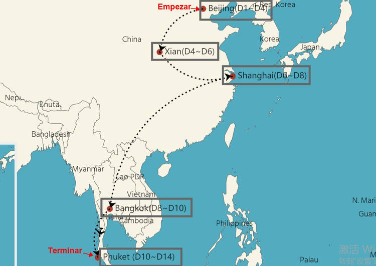 Mapa de viaje de China y Tailandia en 14 días