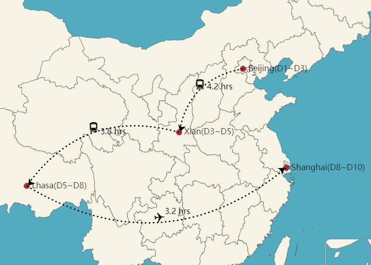 Mapa de 10 días en China con Tíbet