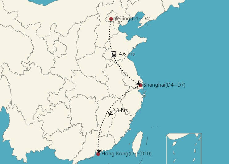 Mapa de China en 10 días con Hong Kong
