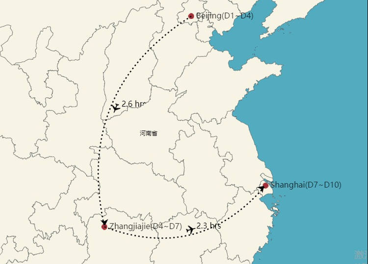 Mapa de China en 10 días con Zhangjiajie